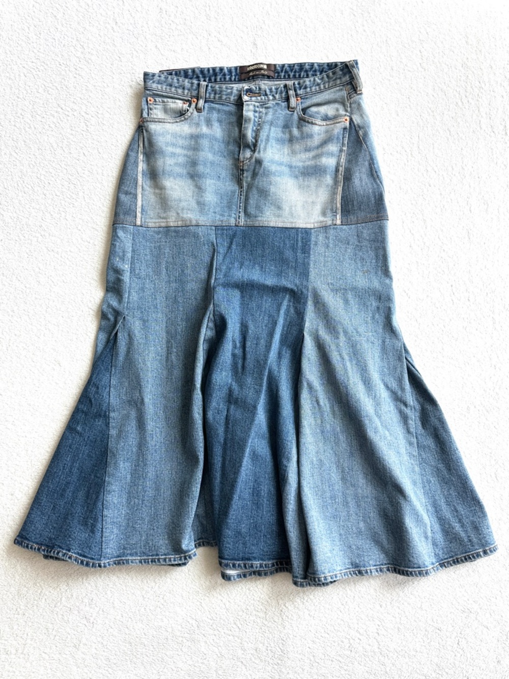 Roberto Cavalli Patchwork Denim Maxi‎ Fishtail Skirt US 6 32” Waist Y2K